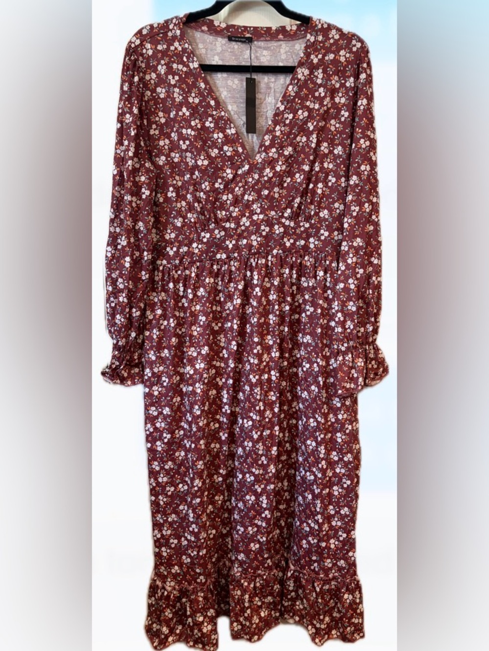 Gracyoga XL Burgundy Floral Ruffle Maxi Dress NWT Boho